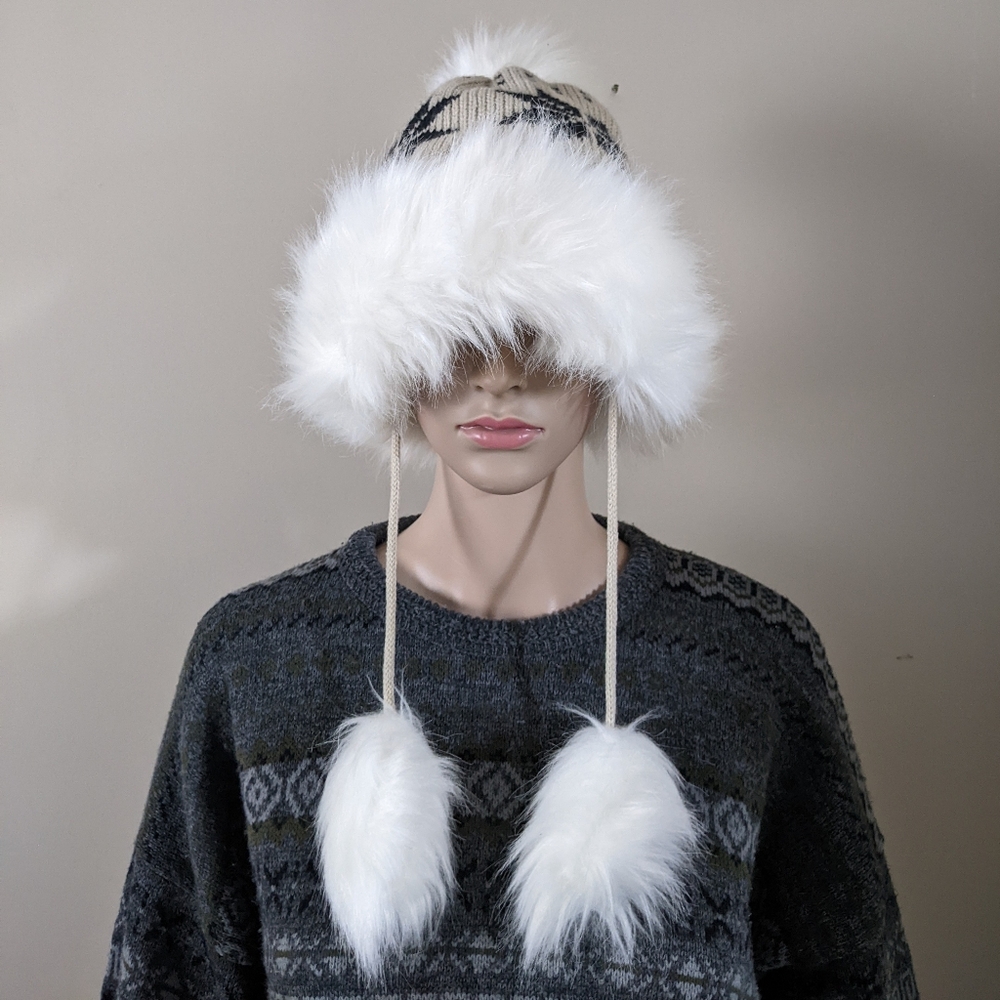 Mongolia style faux fluffy furry winter beanie hat with pompom